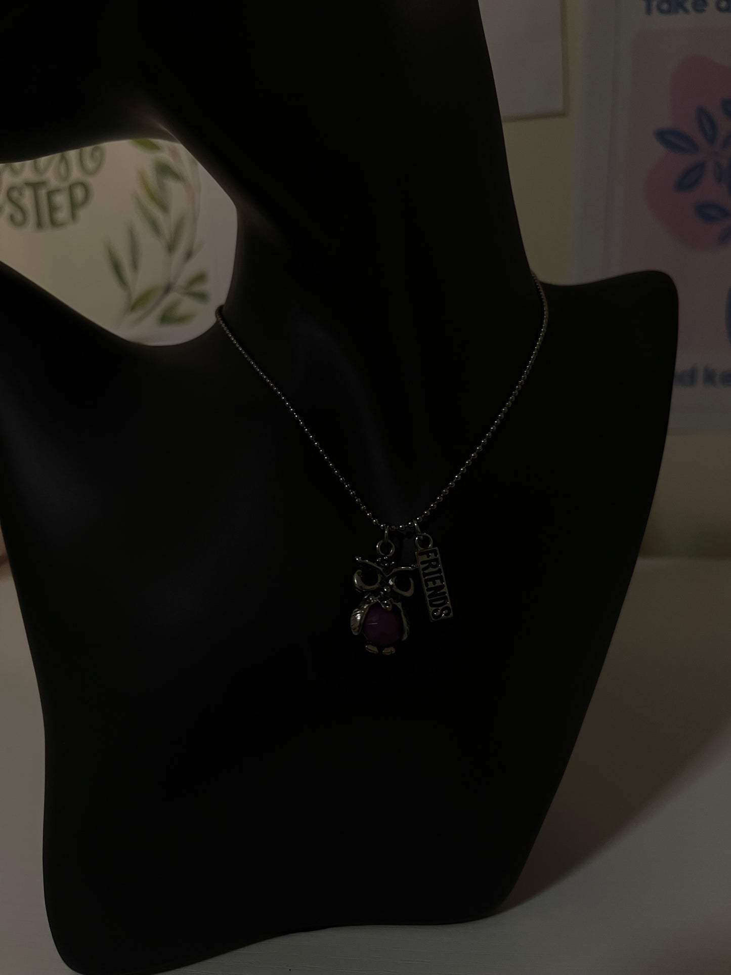 Silver-Tone Owl Pendant Necklace with Friends Charm – Cute & Meaningful Jewelry