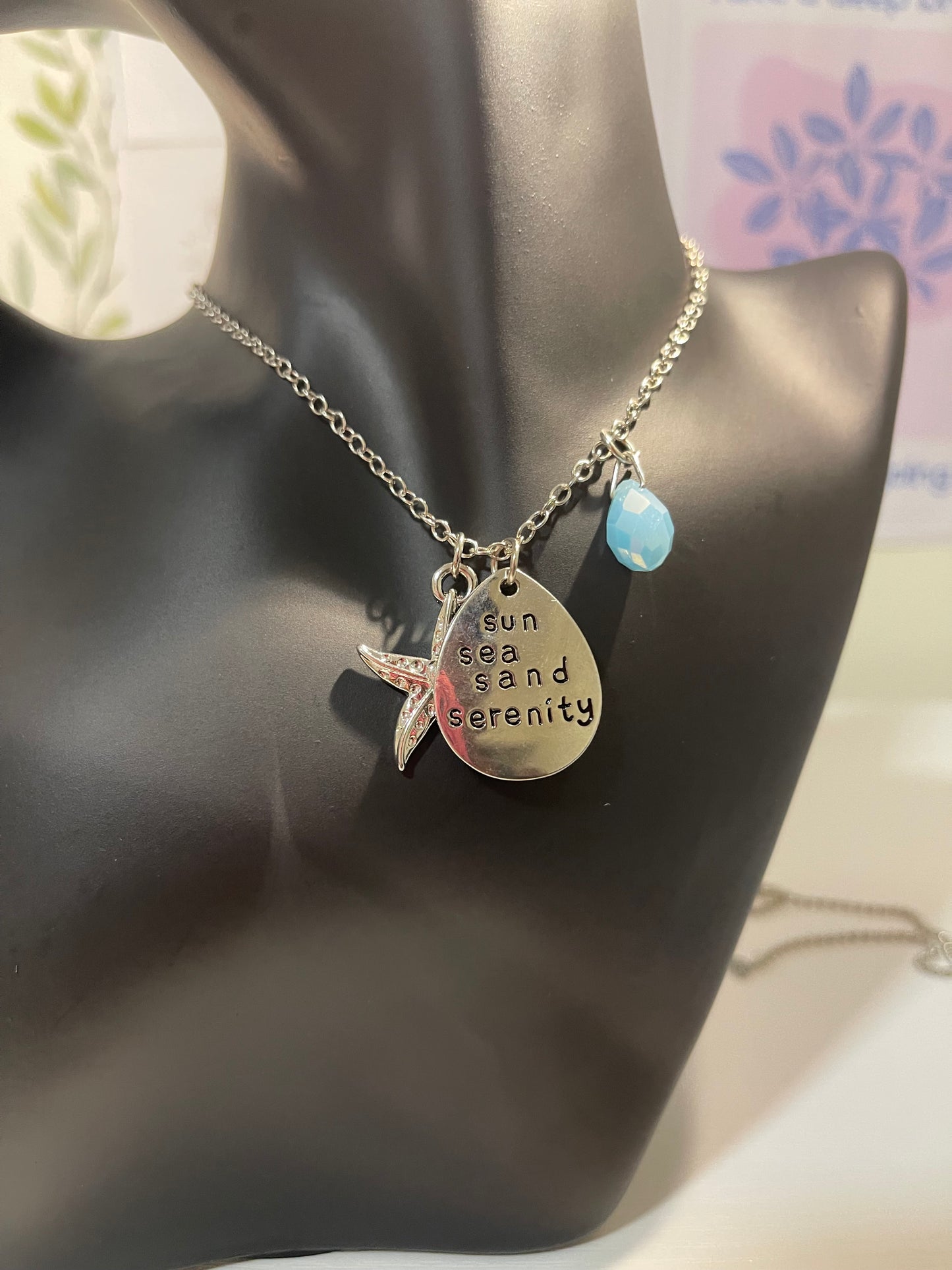 Sun Sea Sand Serenity Necklace β Beach-Inspired Silver Pendant with Starfish & Blue Bead