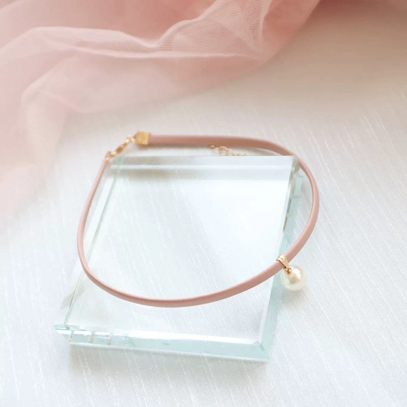 Pink Choker Necklace with Pearl Pendant