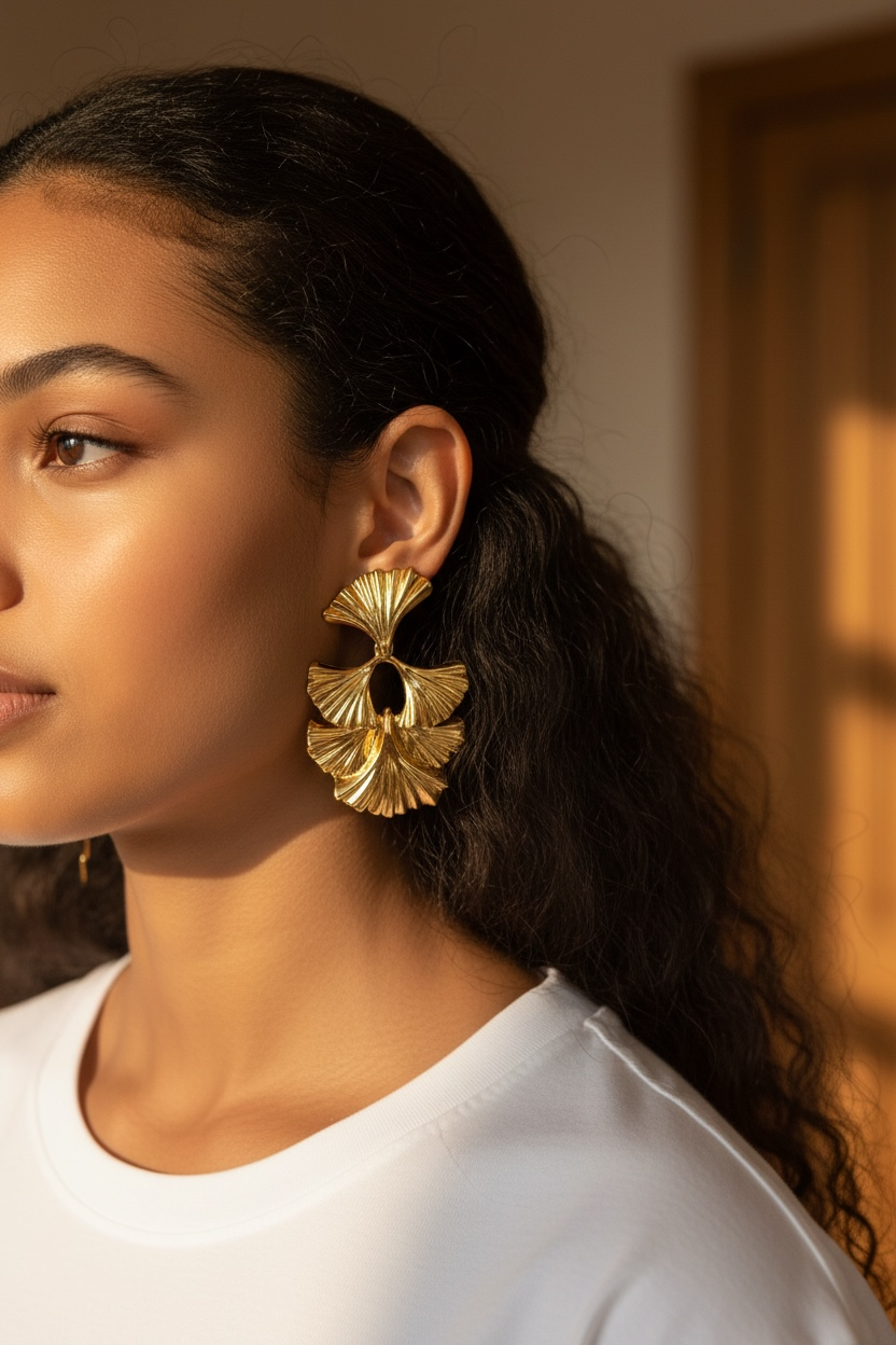 Gold Ginkgo Leaf Drop Earrings – Nature-Inspired Elegance