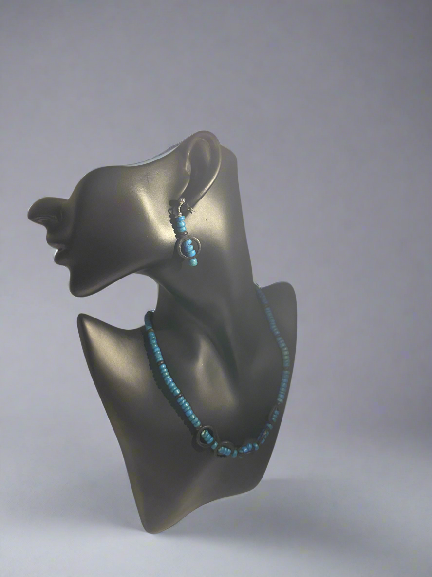 Native American Turquoise Graduated Disk Bead Necklace with Matching Earrings