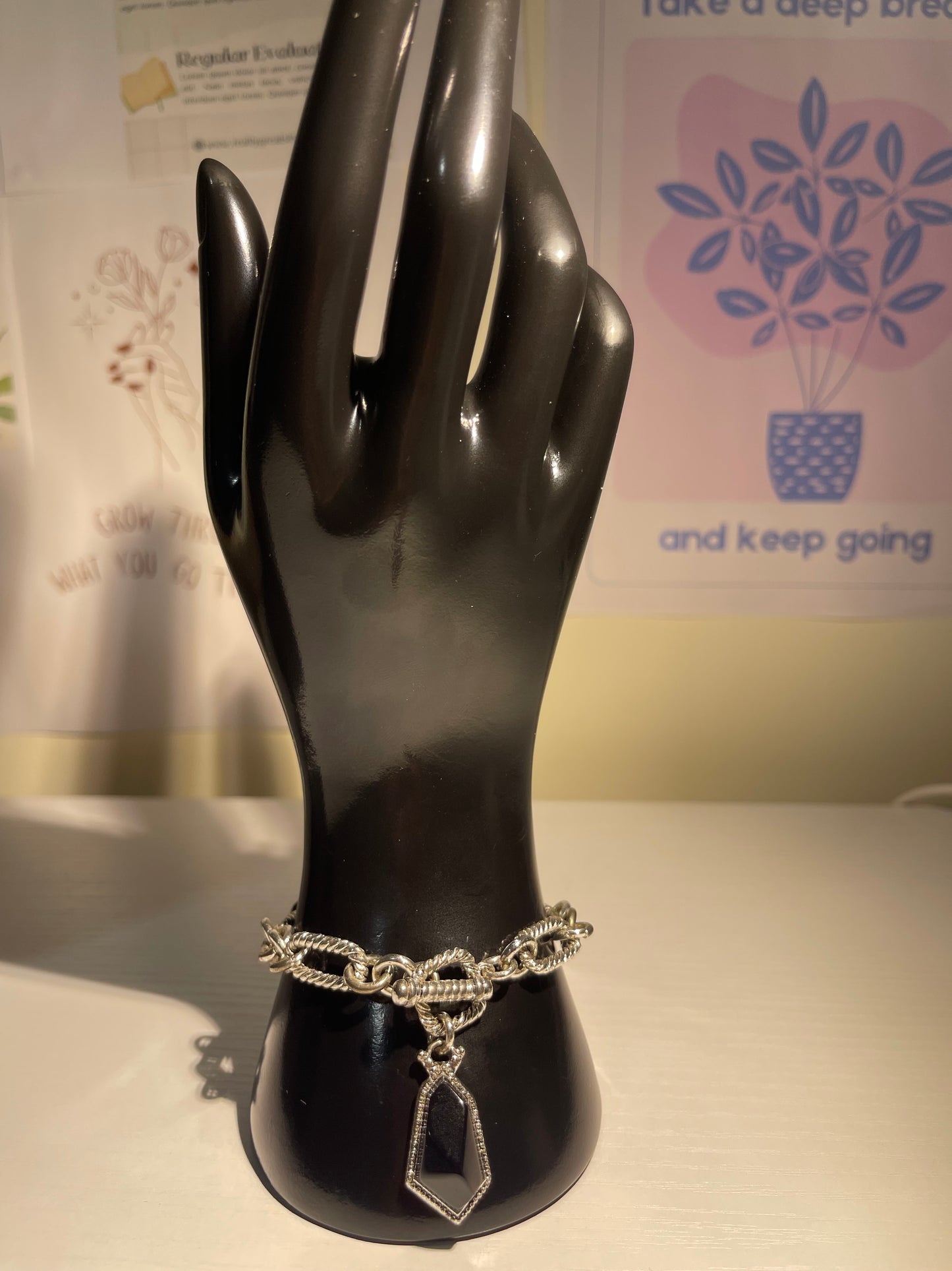 Silver Chunky Chain Bracelet with Black Geometric Pendant