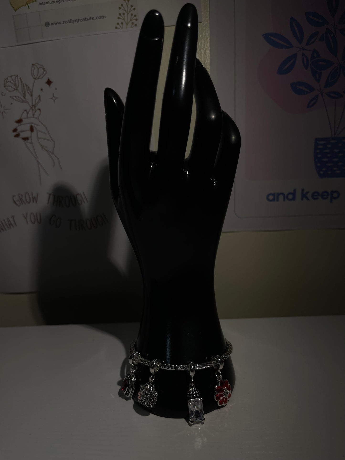 Silver-Plated Charm Bracelet with Heart, Floral & Gem Charms