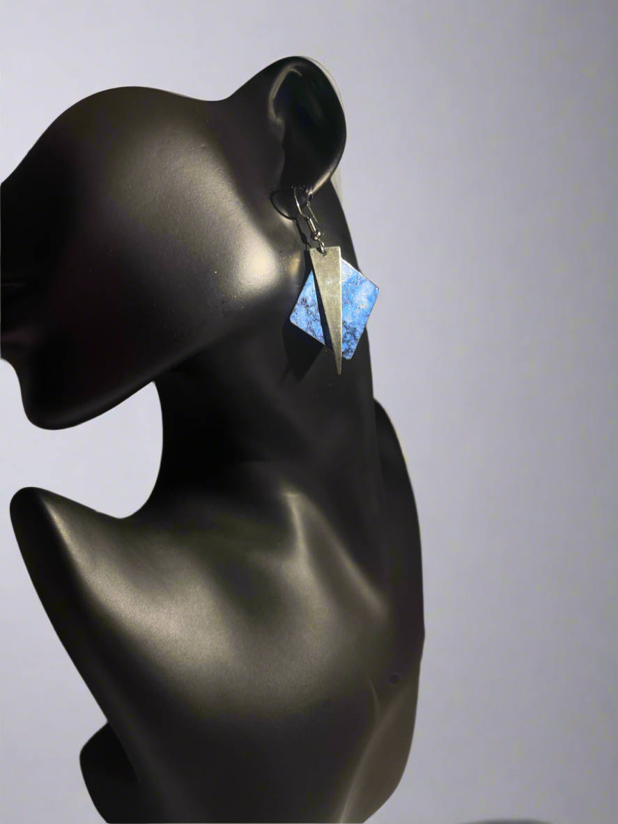 Geometric Double Triangle Dangle Earrings – Blue & White Pattern