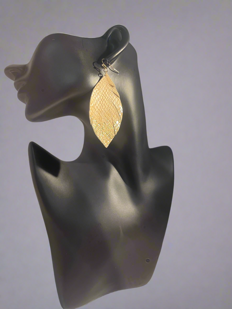 Metallic Gold Petal Leather Earrings – Snakeskin Textured Statement Jewelry