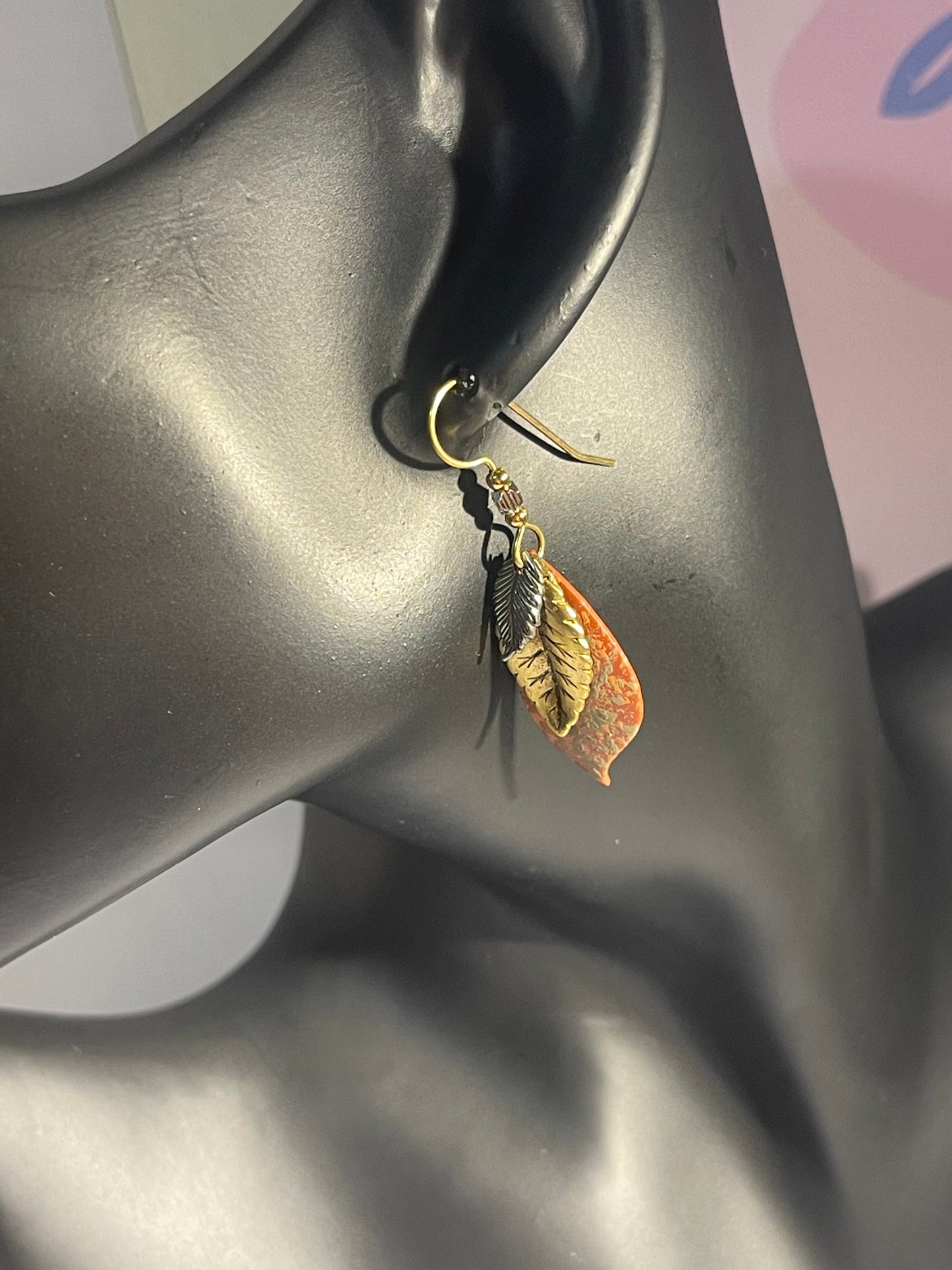 Handcrafted Leaf Dangle Earrings – Mixed Metals & Stone Accent