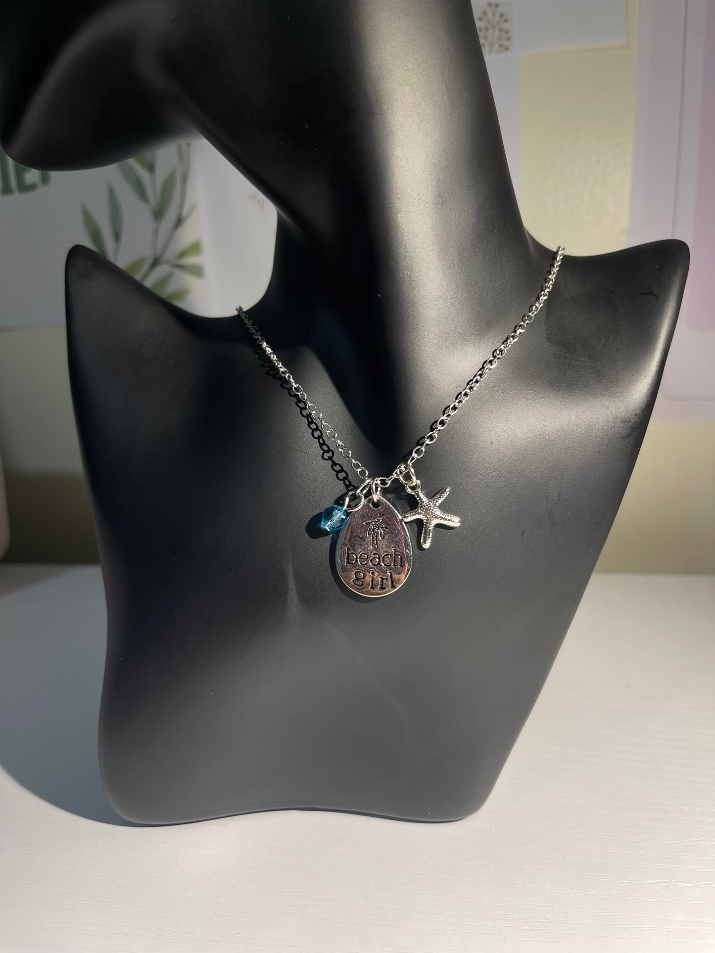 Beach Girl Necklace – Silver Pendant with Starfish & Blue Crystal Charm