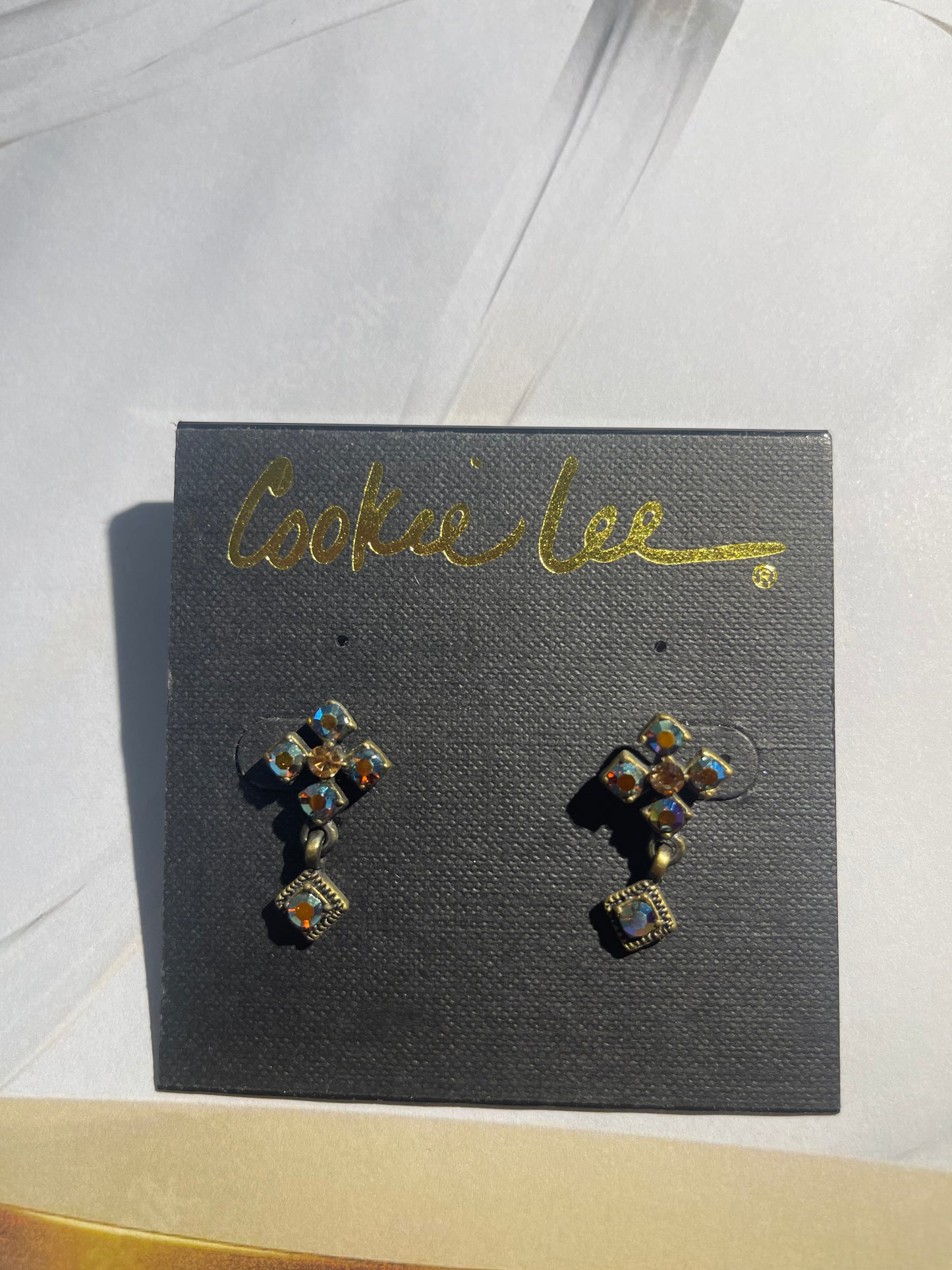 Cookie Lee Flower Stud & Square Crystal Dangle Earrings – Elegant Sparkle