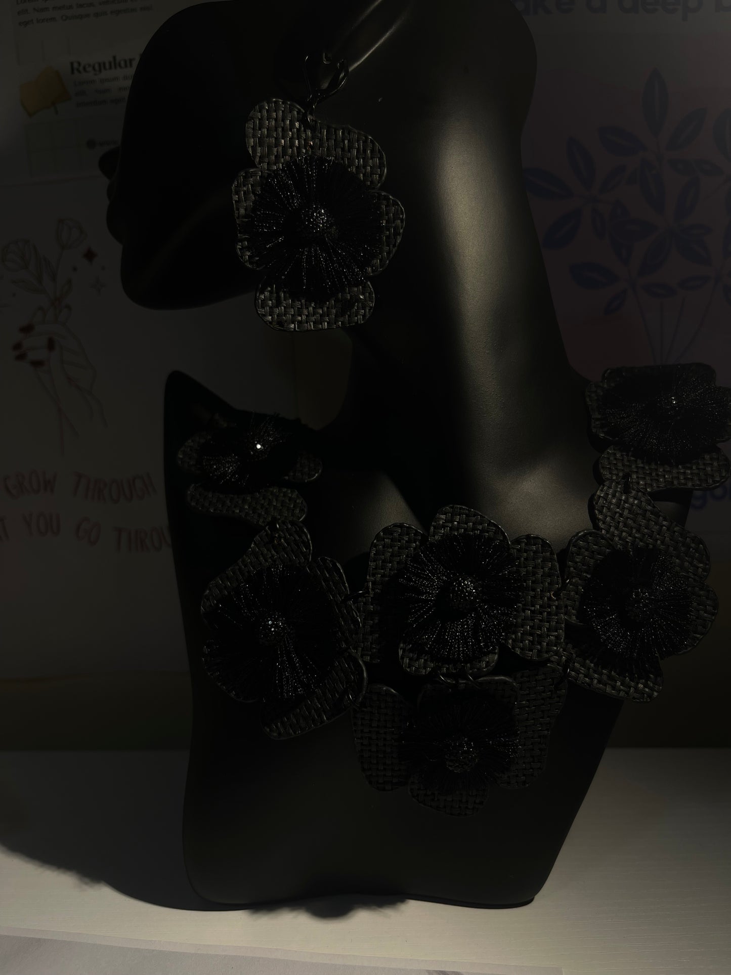 Black Flower-Motif Statement Necklace & Earring Set – Bold Fashion Jewelry