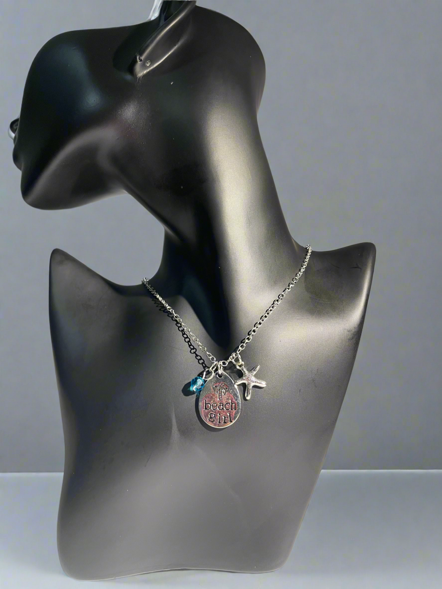 Beach Girl Necklace – Silver Pendant with Starfish & Blue Crystal Charm
