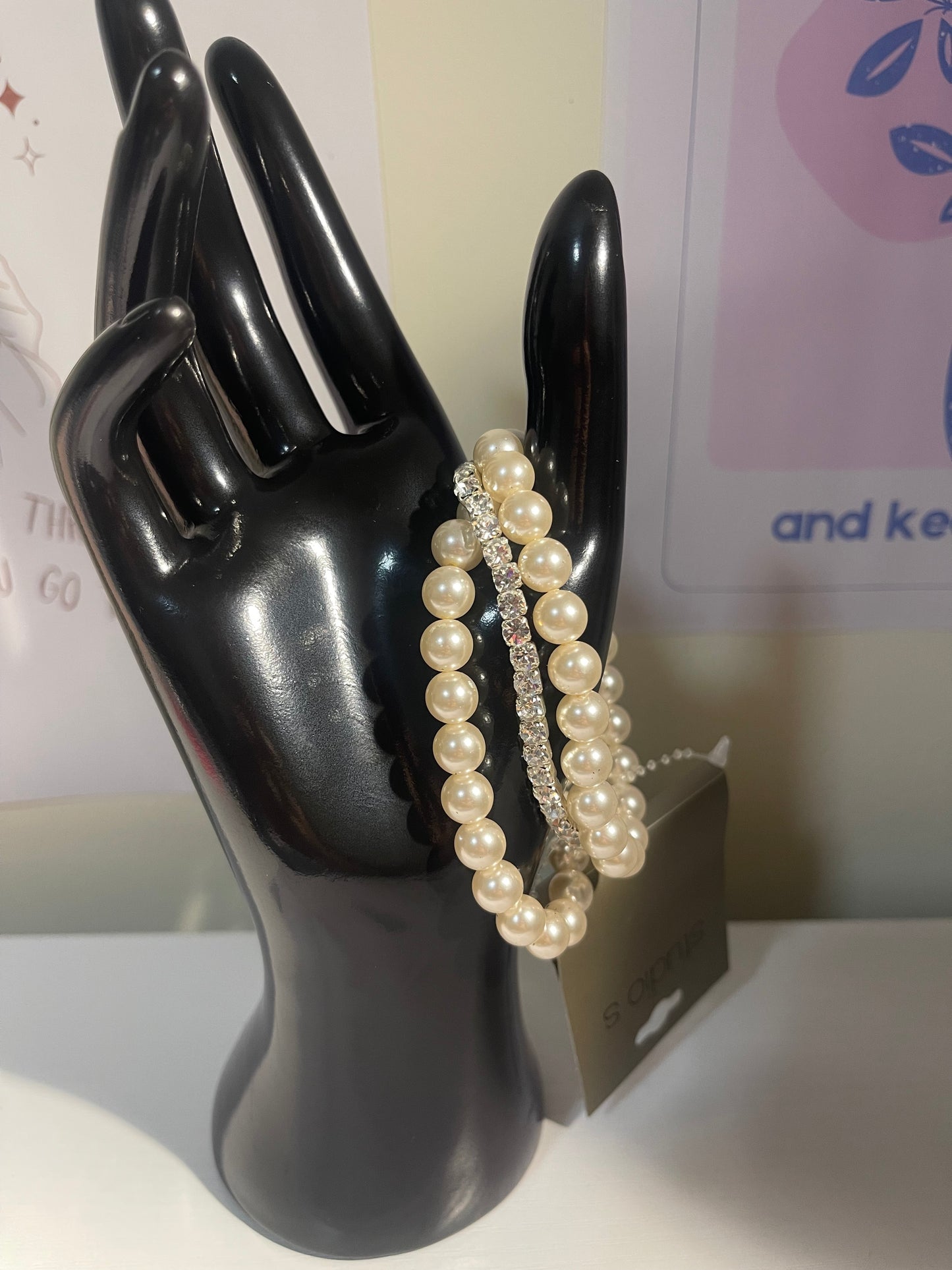 Pearl & Rhinestone Stretch Bracelet Set – 3 Pieces Elegant Stackable Jewelry