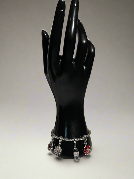 Silver-Plated Charm Bracelet with Heart, Floral & Gem Charms