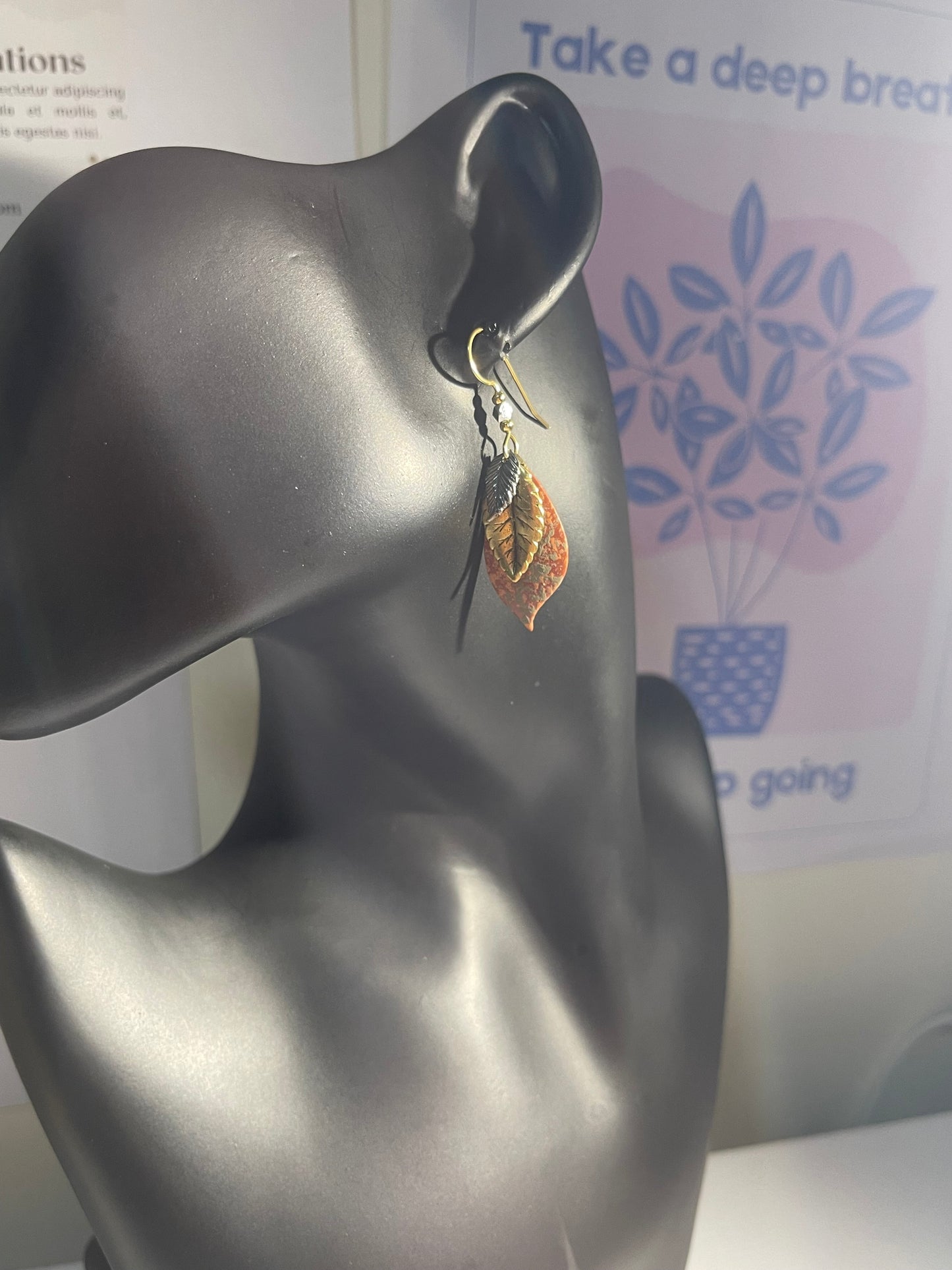 Handcrafted Leaf Dangle Earrings – Mixed Metals & Stone Accent