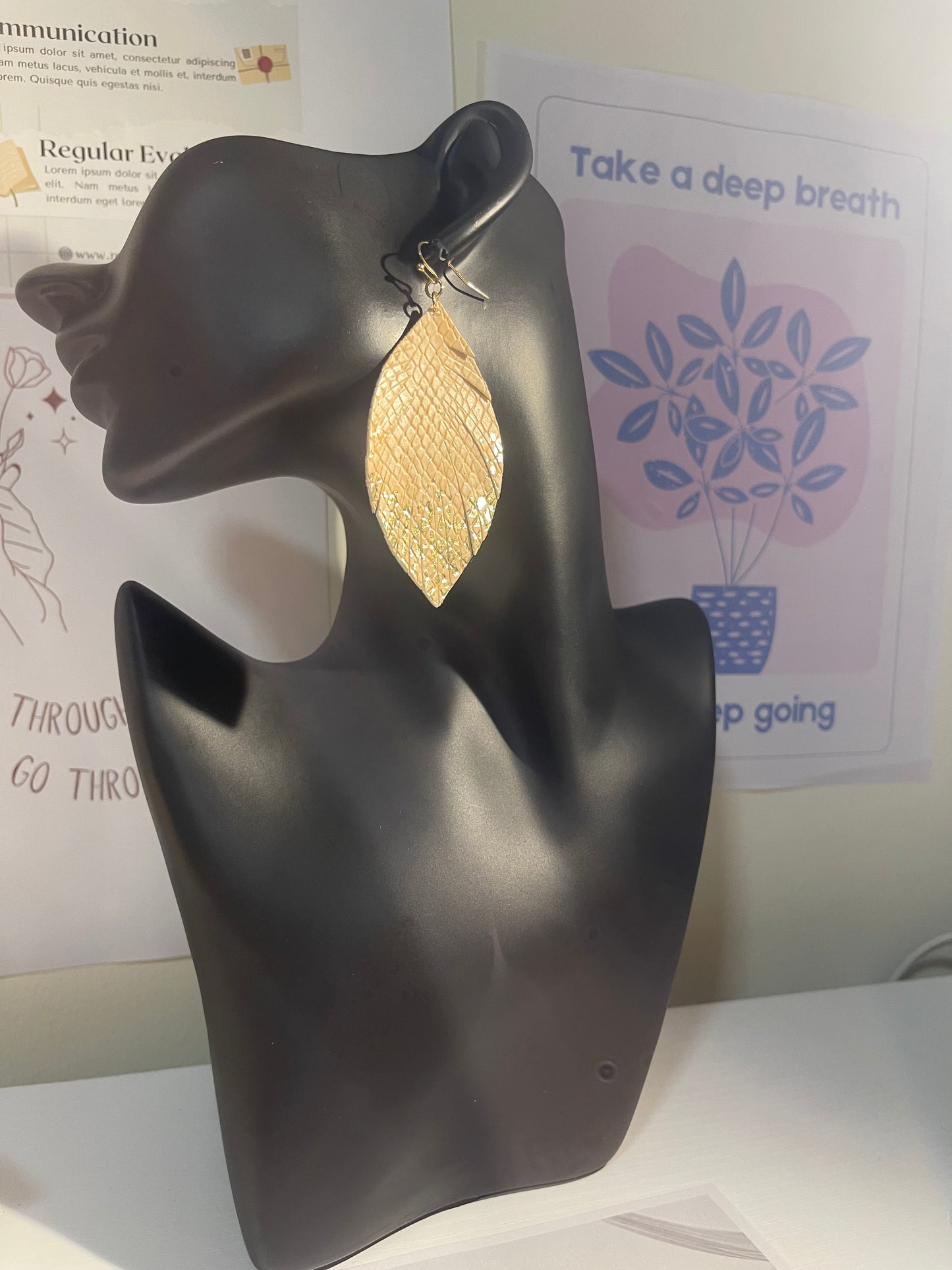 Metallic Gold Petal Leather Earrings – Snakeskin Textured Statement Jewelry