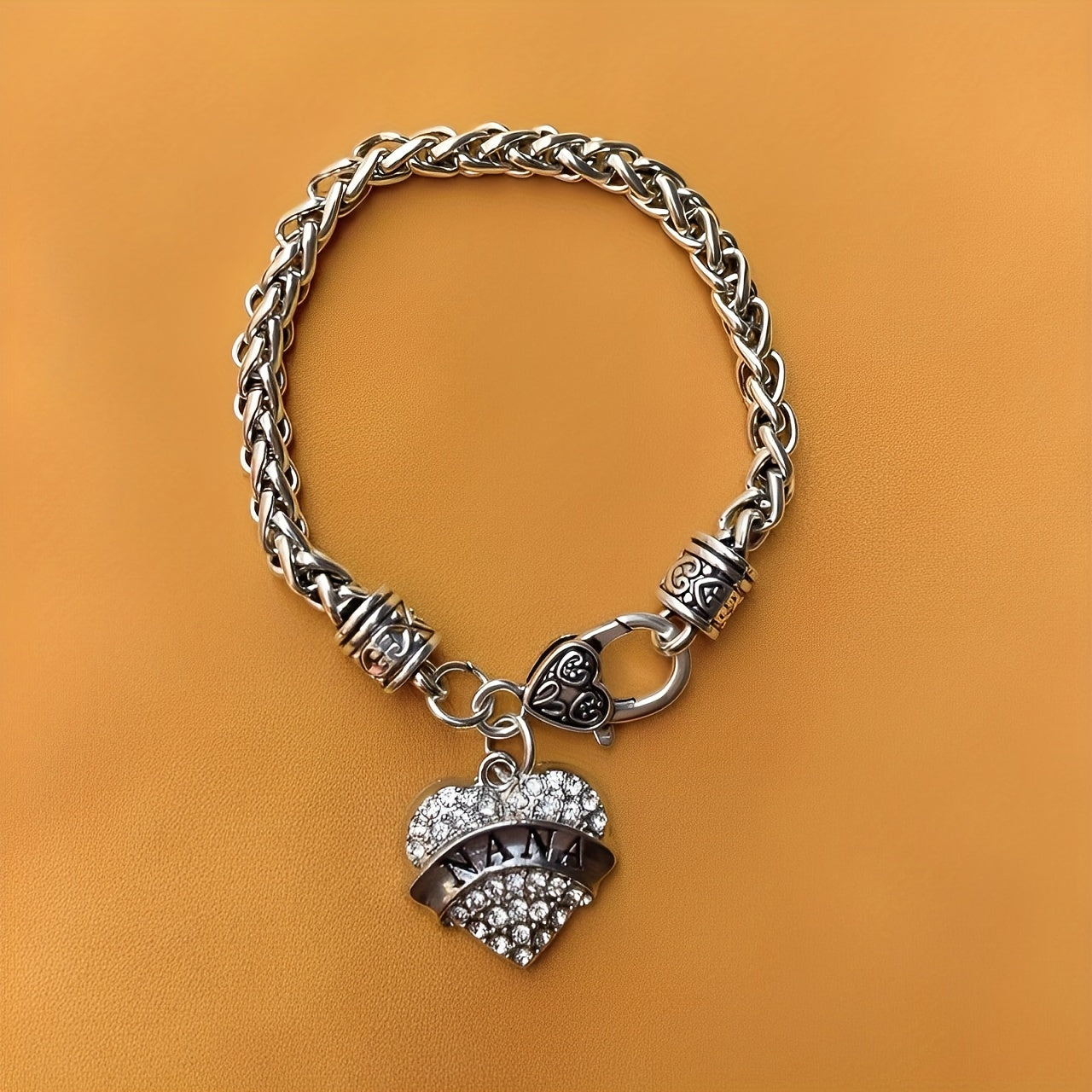 Silver-Tone Braided “NANA” Charm Bracelet with Pavé Heart