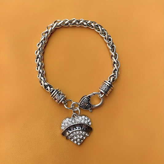 Silver-Tone Braided “NANA” Charm Bracelet with Pavé Heart