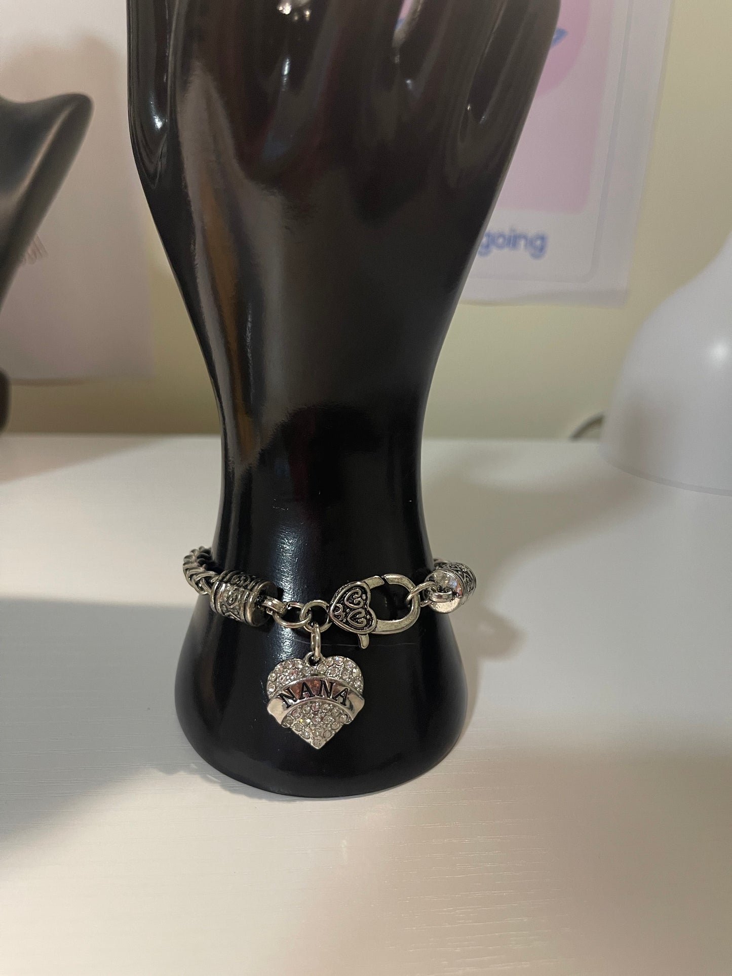 Silver-Tone Braided “NANA” Charm Bracelet with Pavé Heart