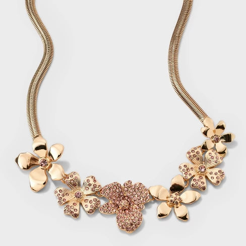 Vintage Gold-Tone Rhinestone Floral Statement Necklace – Elegant Sparkle