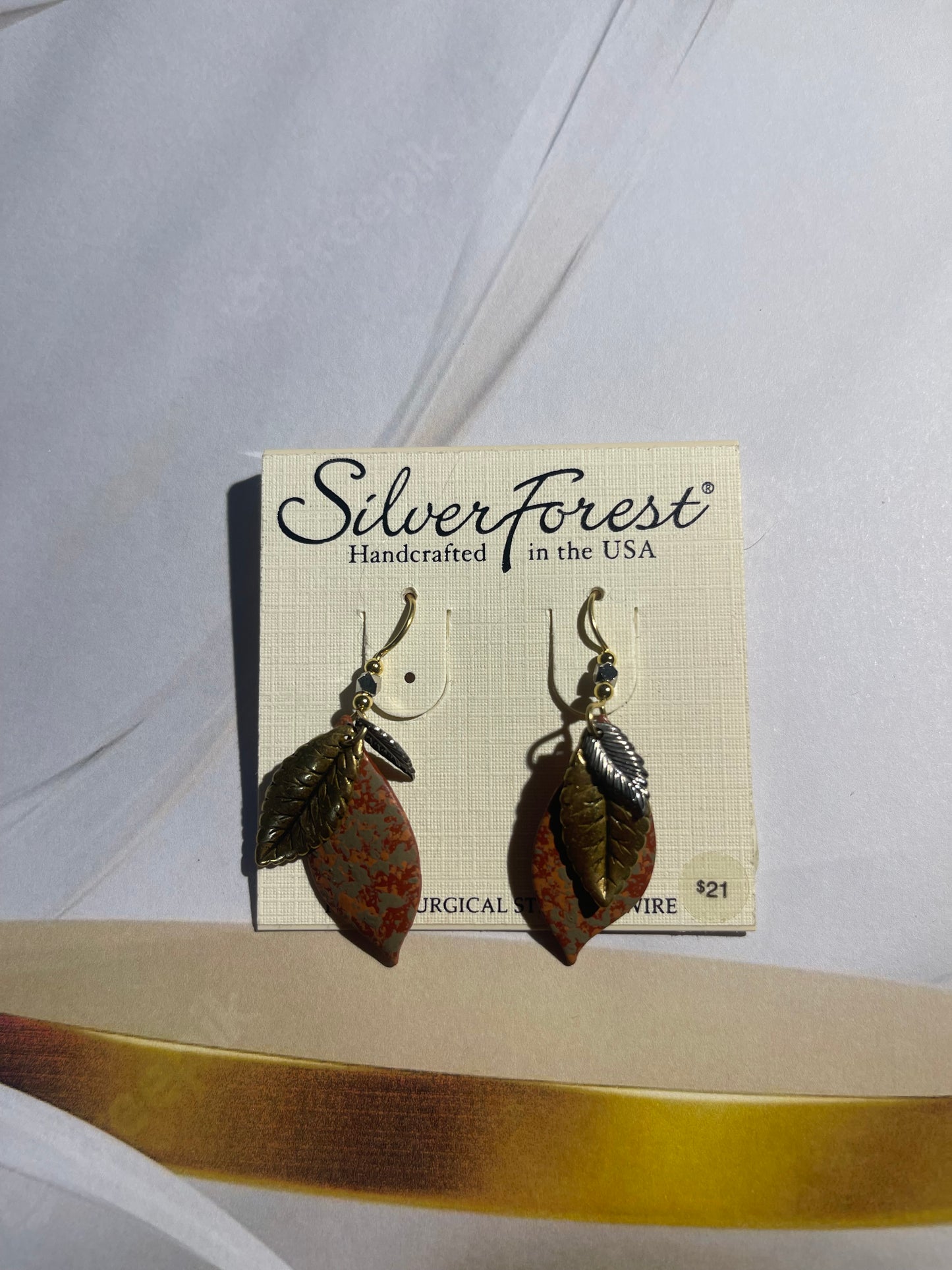 Handcrafted Leaf Dangle Earrings – Mixed Metals & Stone Accent