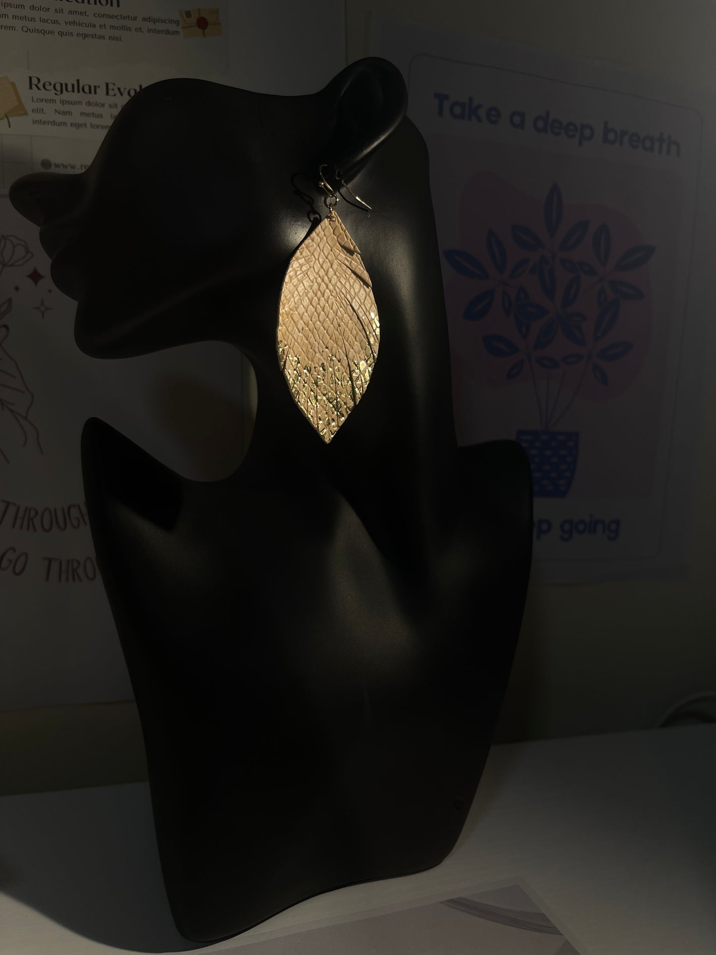 Metallic Gold Petal Leather Earrings – Snakeskin Textured Statement Jewelry