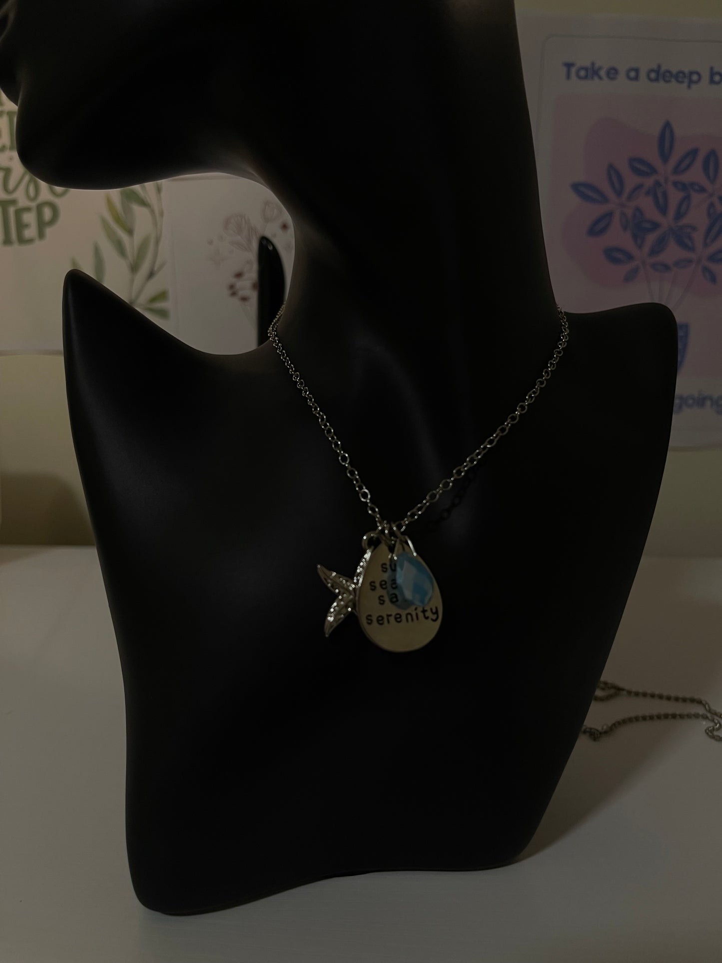 Sun Sea Sand Serenity Necklace – Beach-Inspired Silver Pendant with Starfish & Blue Bead
