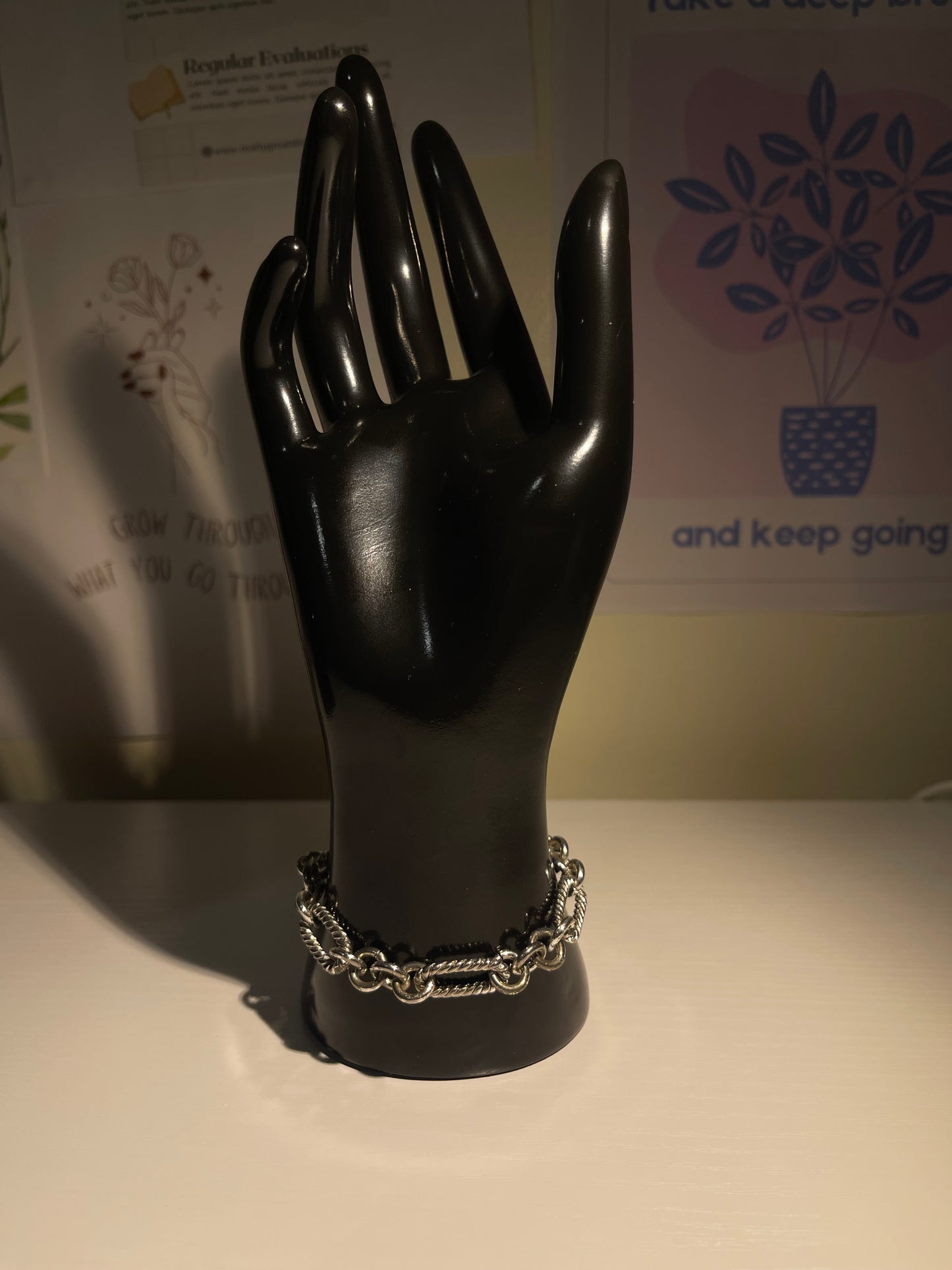 Silver Chunky Chain Bracelet with Black Geometric Pendant