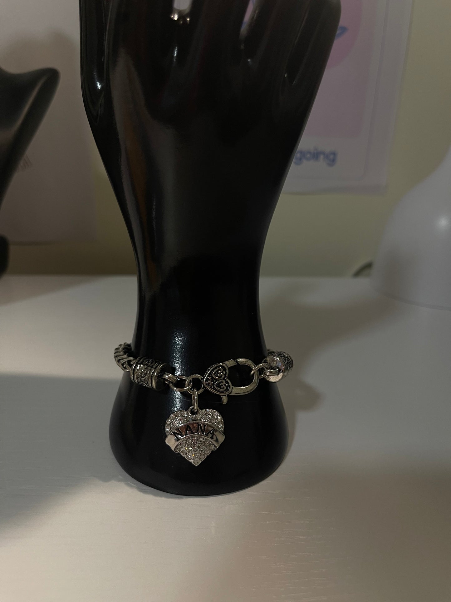 Silver-Tone Braided “NANA” Charm Bracelet with Pavé Heart