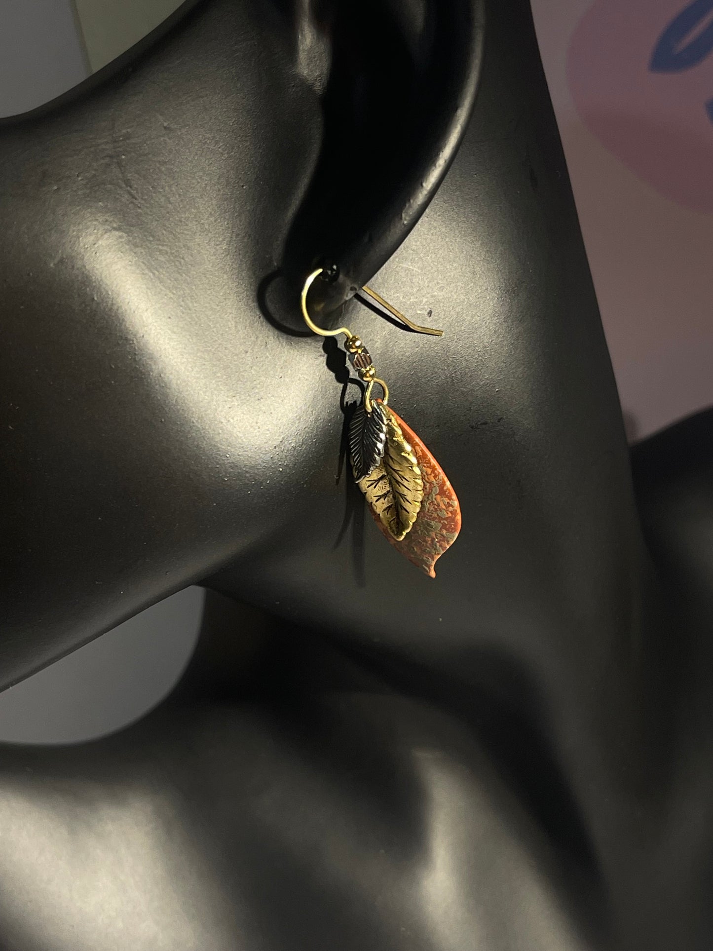 Handcrafted Leaf Dangle Earrings – Mixed Metals & Stone Accent