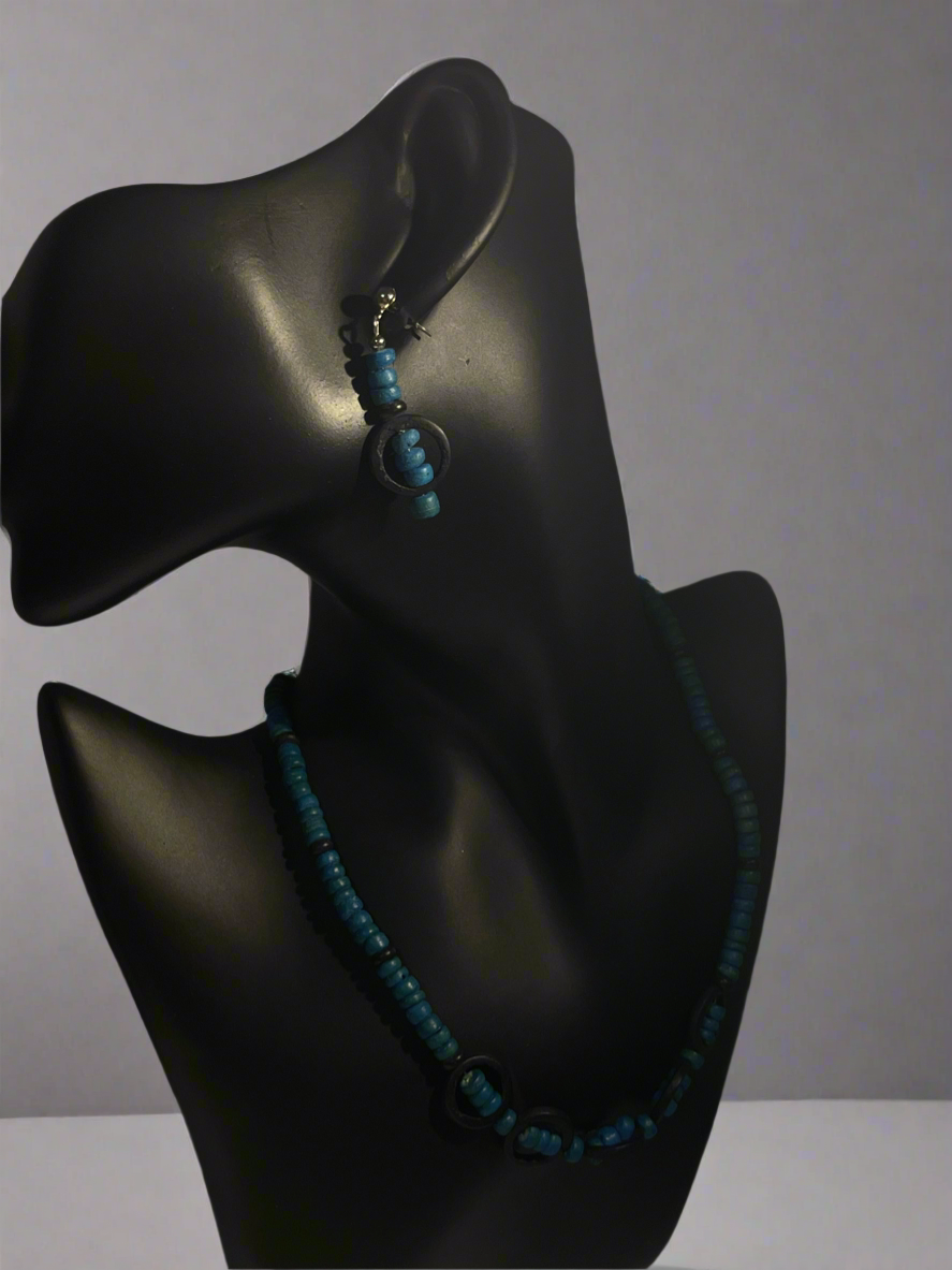 Native American Turquoise Graduated Disk Bead Necklace with Matching Earrings