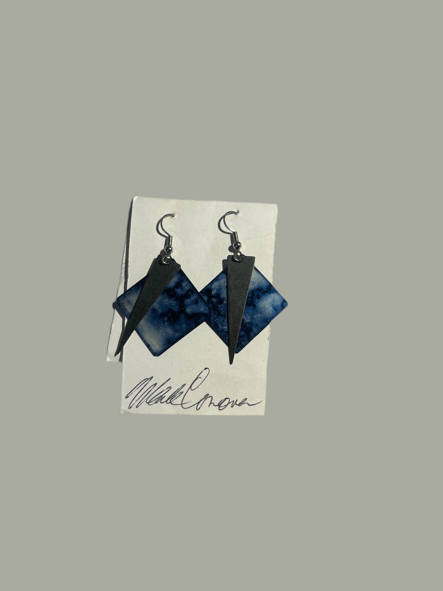 Geometric Double Triangle Dangle Earrings – Blue & White Pattern