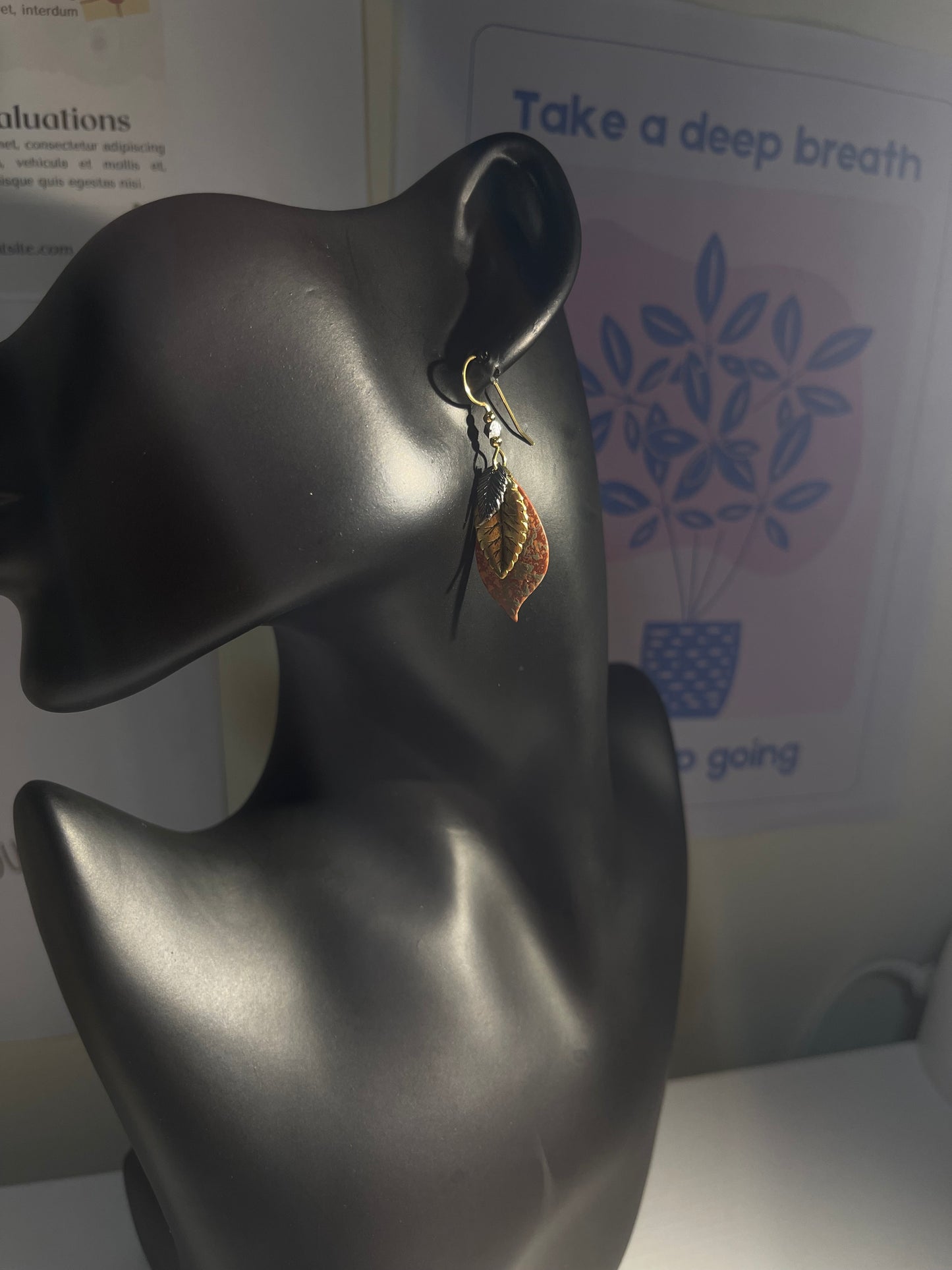 Handcrafted Leaf Dangle Earrings – Mixed Metals & Stone Accent