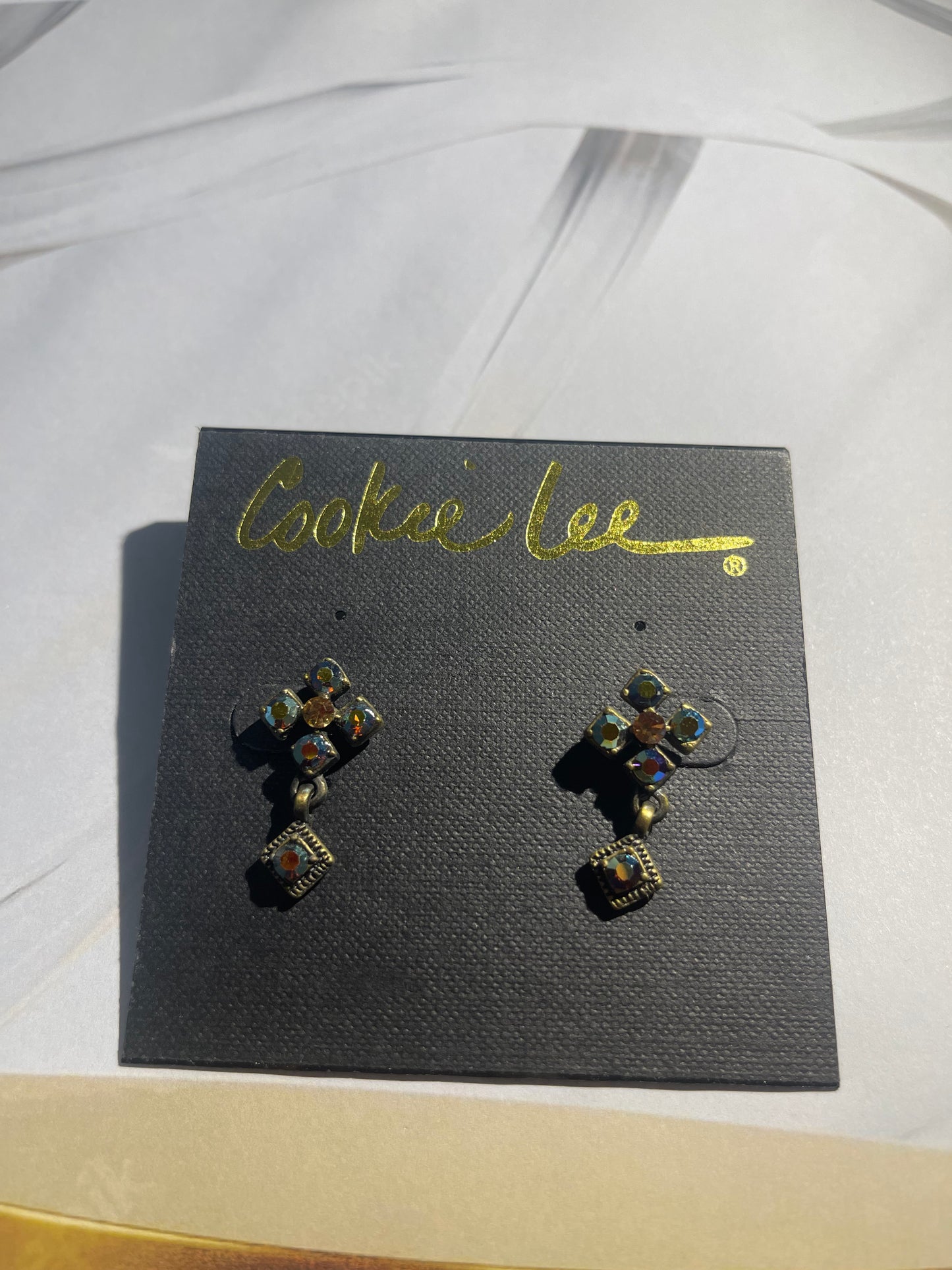 Cookie Lee Flower Stud & Square Crystal Dangle Earrings – Elegant Sparkle