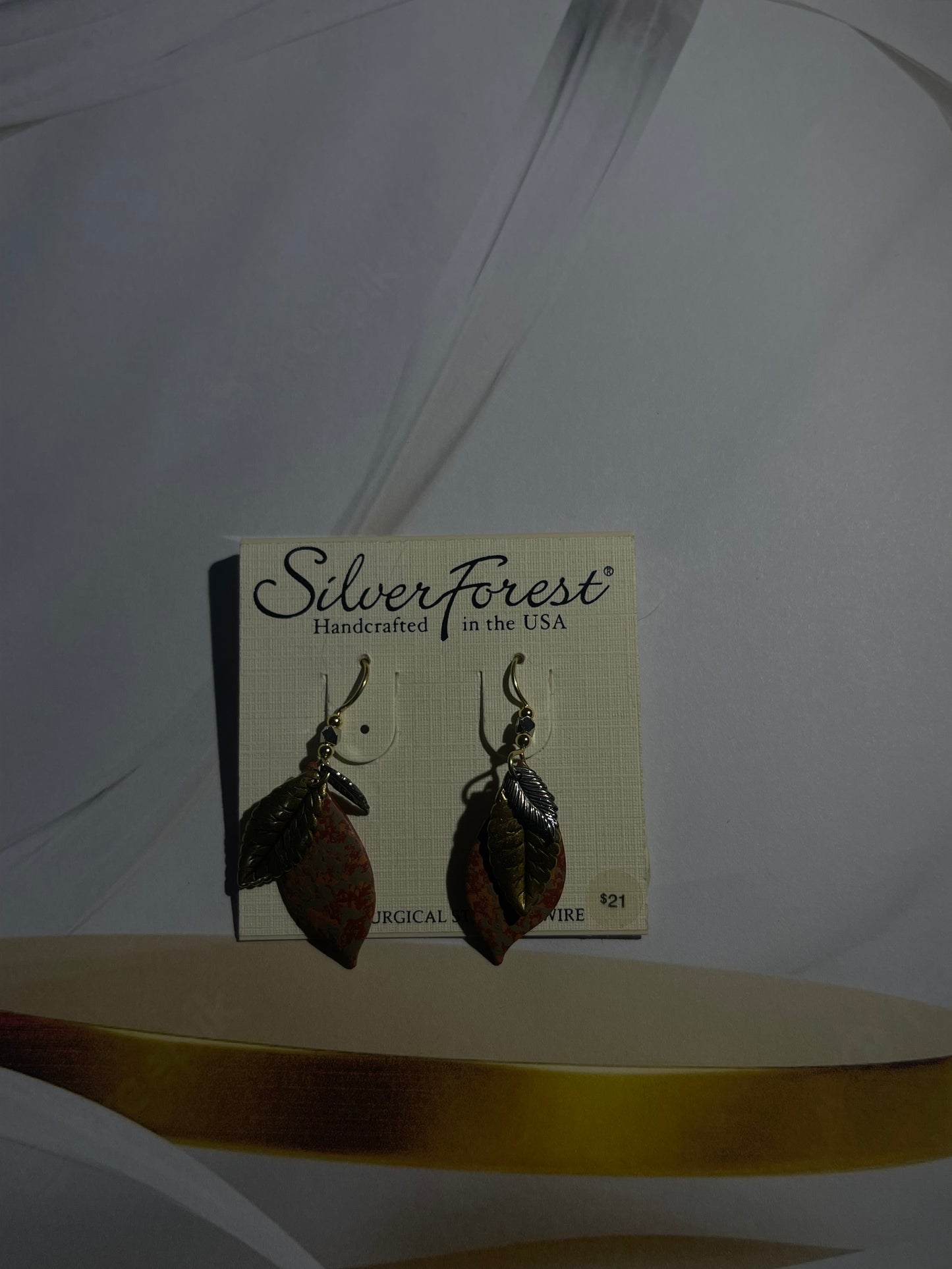 Handcrafted Leaf Dangle Earrings – Mixed Metals & Stone Accent