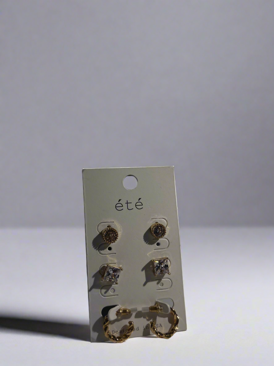 Été Classic Earrings Set — 3 Pairs Gold Hoop & Crystal Stud Earrings