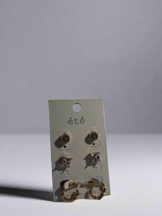 Été Classic Earrings Set — 3 Pairs Gold Hoop & Crystal Stud Earrings