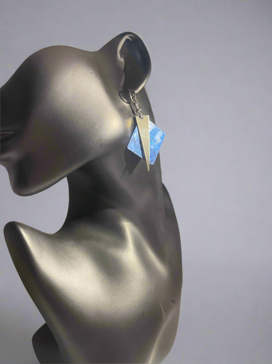 Geometric Double Triangle Dangle Earrings – Blue & White Pattern