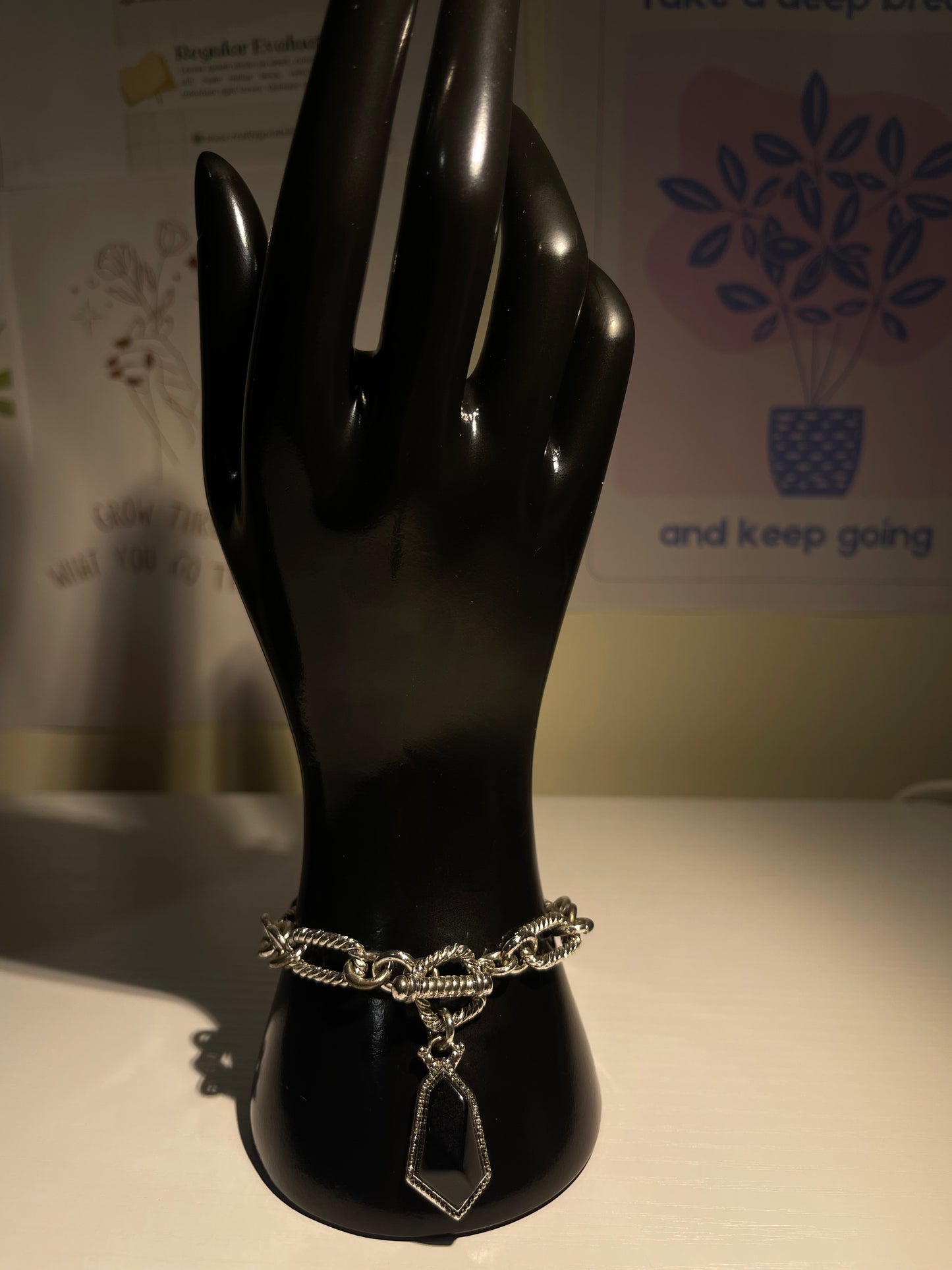 Silver Chunky Chain Bracelet with Black Geometric Pendant