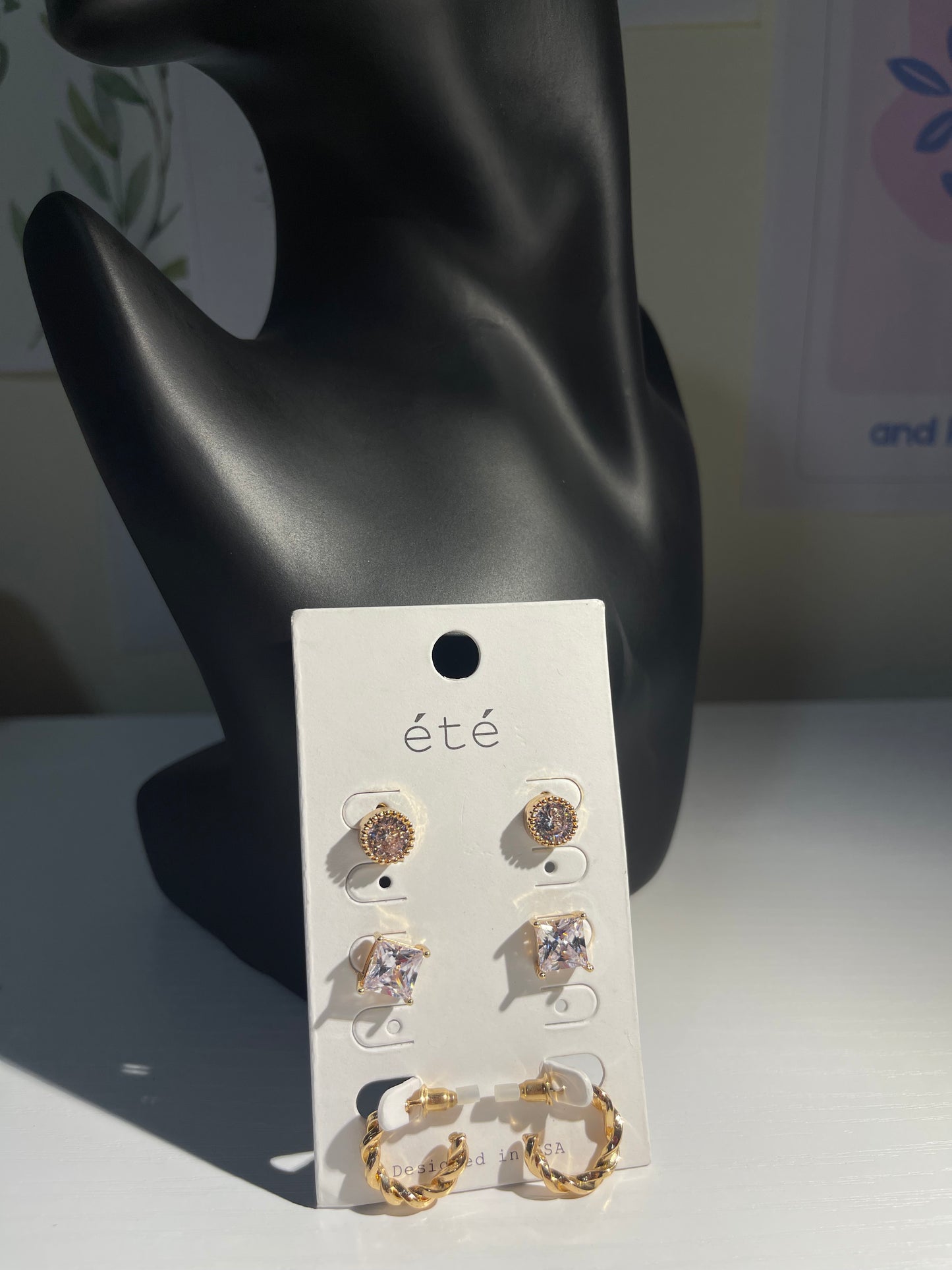 Été Classic Earrings Set — 3 Pairs Gold Hoop & Crystal Stud Earrings