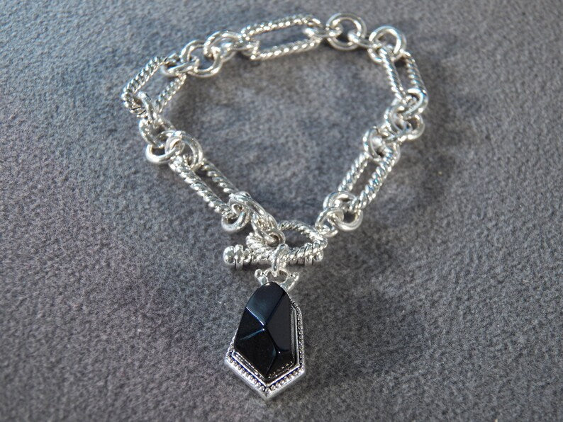 Silver Chunky Chain Bracelet with Black Geometric Pendant