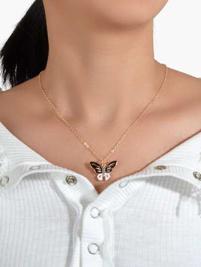 Black & White Enamel Butterfly Pendant Necklace – Elegant Everyday Jewelry