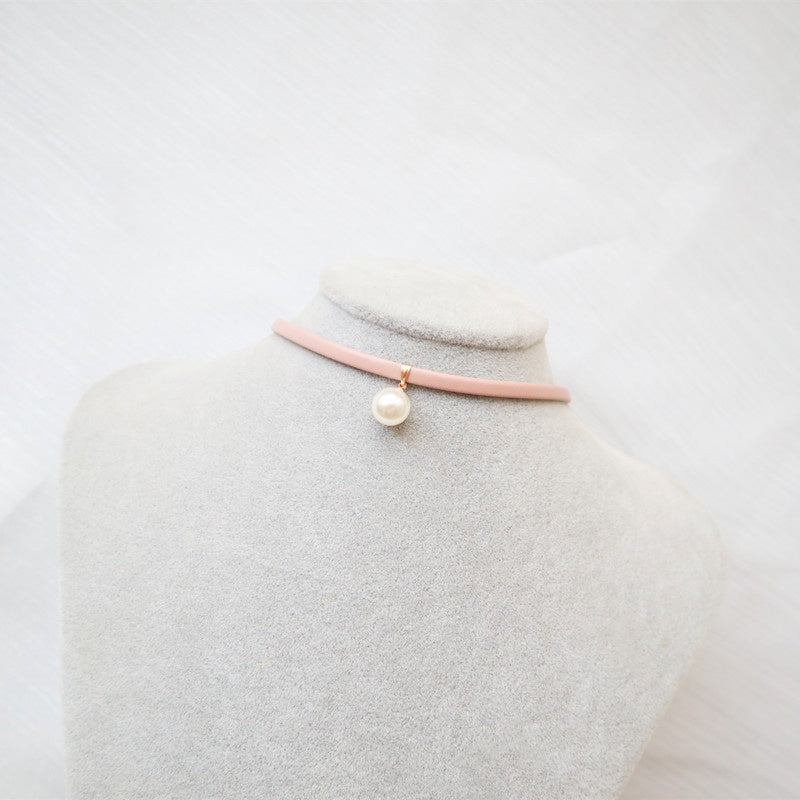 Pink Choker Necklace with Pearl Pendant