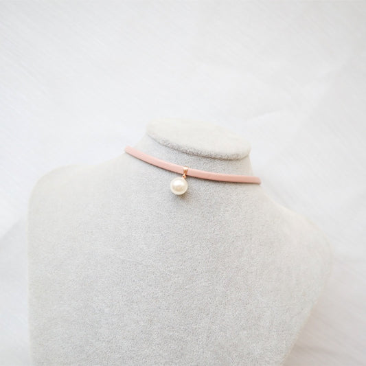 Pink Choker Necklace with Pearl Pendant