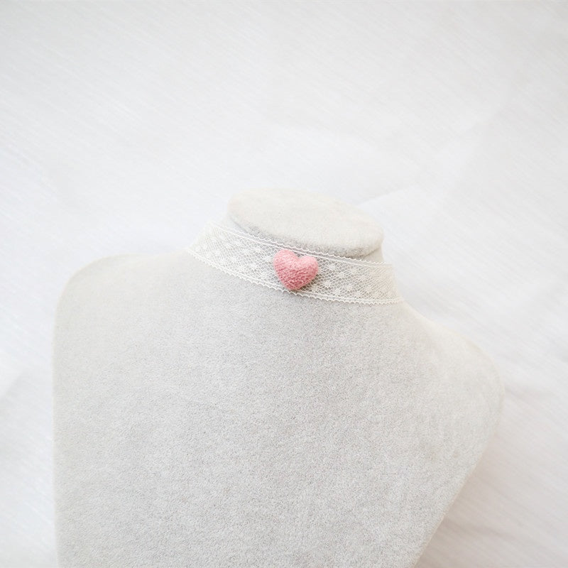 White Lace Choker Necklace with Pink Heart Charm