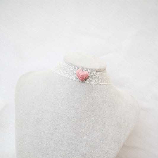 White Lace Choker Necklace with Pink Heart Charm