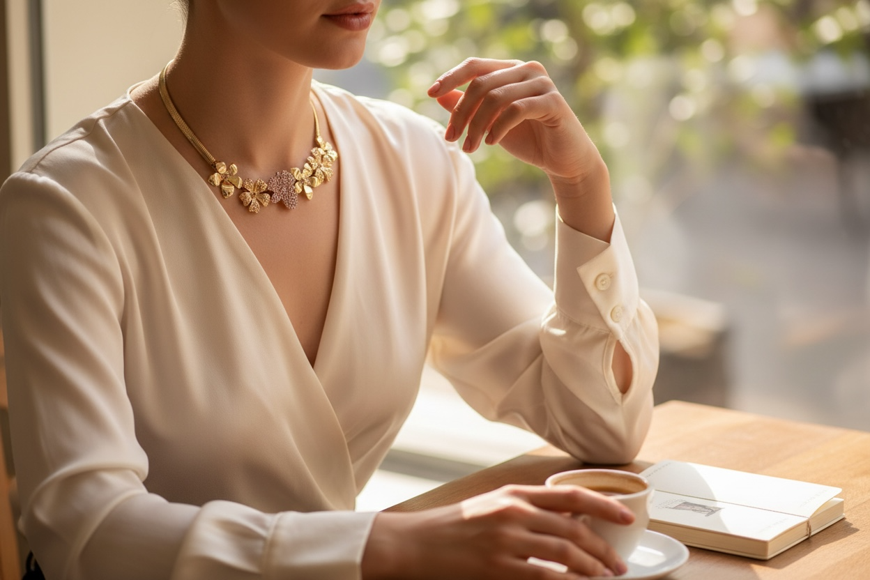 Vintage Gold-Tone Rhinestone Floral Statement Necklace – Elegant Sparkle