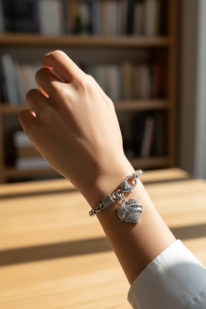 Silver-Tone Braided “NANA” Charm Bracelet with Pavé Heart