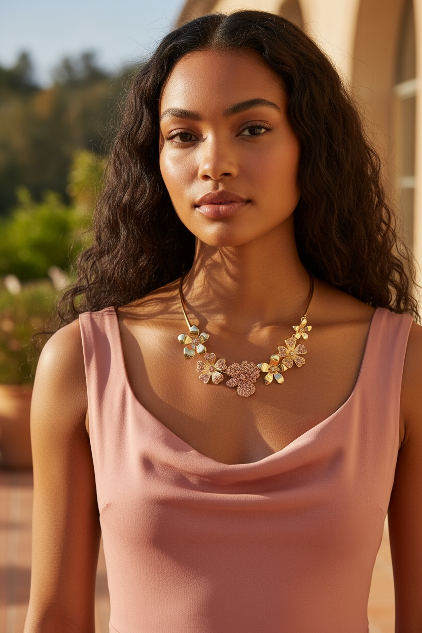 Vintage Gold-Tone Rhinestone Floral Statement Necklace – Elegant Sparkle