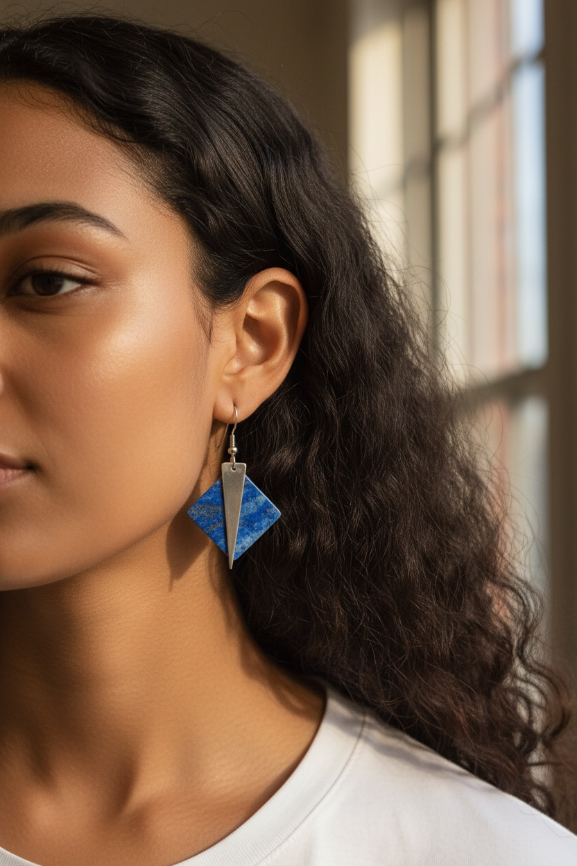 Geometric Double Triangle Dangle Earrings – Blue & White Pattern